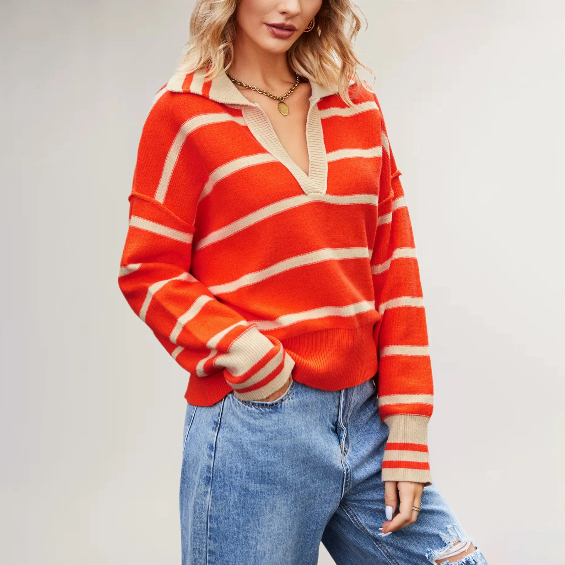 

"Women's Striped Knit Sweater - V-Neck Long Sleeve Loose Fit Pullover - Solid Color Winter Casual Warm Top"