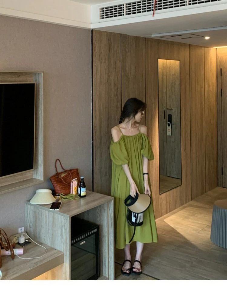 フレンチサスペンダーワンショルダーグリーンドレスワイドトリュフショルダーファッショナブルな気質ロングロングボディコン女性夏Bla