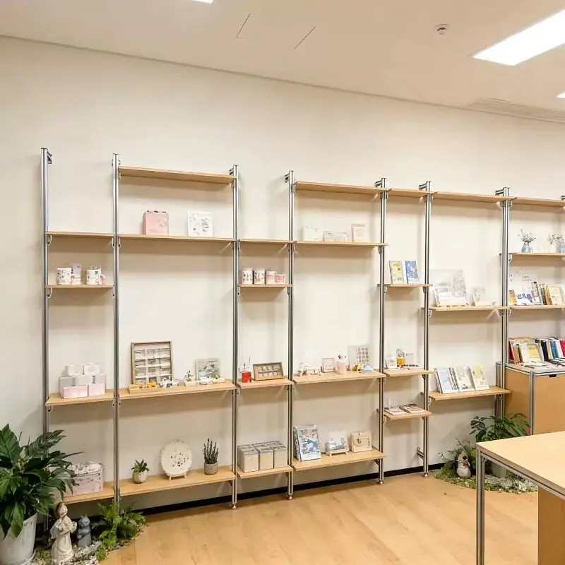 Modern minimalist aluminum profile birch marine panel display rack, leisure space floor-standing storage bookshelf