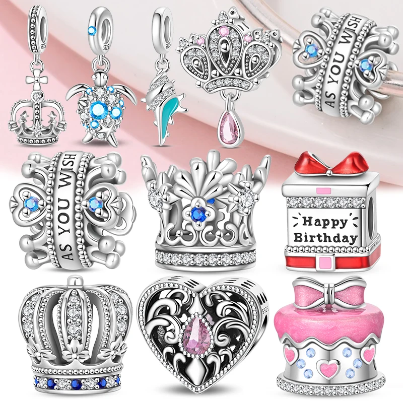 

925 Sterling Silver Crown Shrimp Crab Charms Beads Butterfly Turtel Heart Birthday Pendants Fit Bracelet Jewelry Gifts Marking