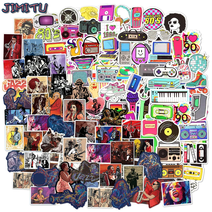 120PCS 80s90s Retro Sticker Jazz Musical Instrument Stickers for Laptop Bike Skateboard Scrapbook Helmet Skateboard Stickers