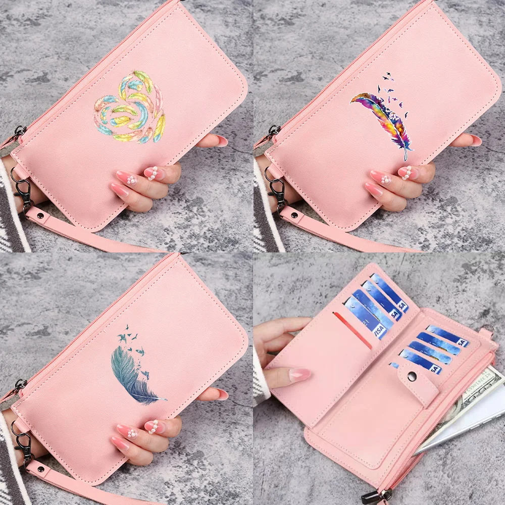 Women Long Wallets PU Leather Money Bag Feather Print Clutch Bag Ladies Large Capacity Card Bag New Coin Purse Mobile Phone Pack