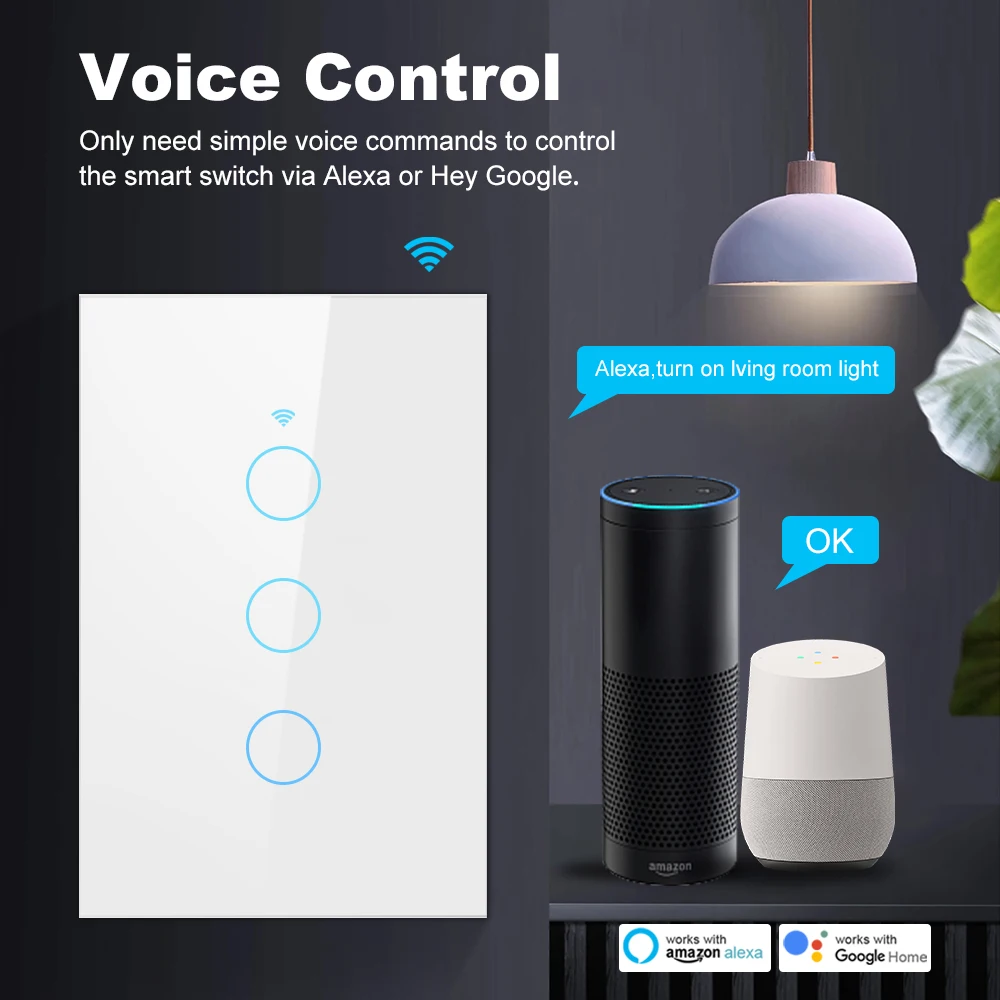 Smart Life Wifi+Bluetooth Touch Light Switch No Neutral Wire &Neutral Wire US Touch Panel Wall Switches Alexa Google Home