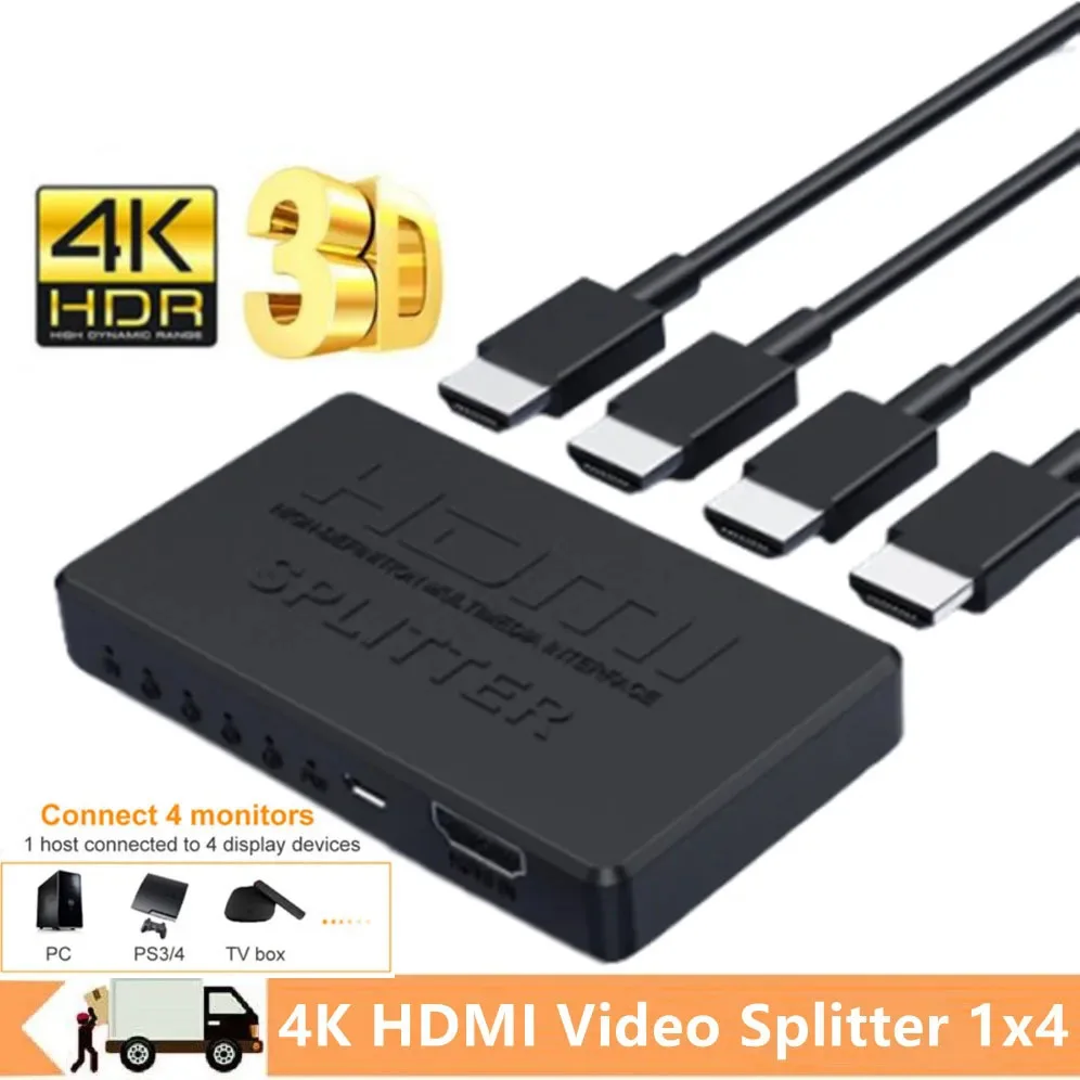 ตัวแยกสัญญาณที่เข้ากันได้กับ HDMI แบบ1 in 4สายเคเบิลอะแดปเตอร์ HDMI อุปกรณ์สลับสัญญาณวิดีโอ4K ฮับขนาด1x4สำหรับ PS4แล็ปท็อปมอนิเตอร์ทีวีกล่องโปรเจคเตอร์