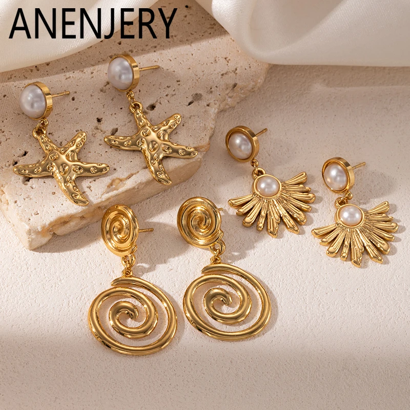ANENJERY 316L Edelstahl Seestern-Vortex Fächerförmige Perlen-Anhänger-Ohrringe für Damen Französischer Eleganter Schmuck Geschenk Großhandel