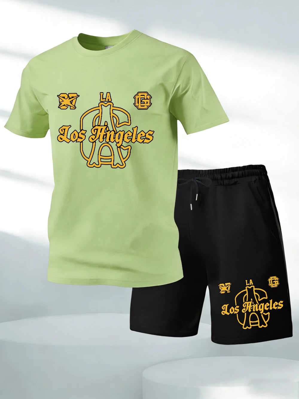 

Two Pieces Set Los Angeles California Printed Cotton Tops Shorts Mens Oversized Soft O-Neck T-Shirts Pocket High Waisted Pants