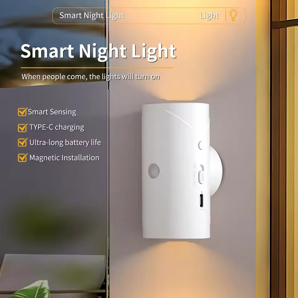 LED محس حركة الجدار مصباح أضواء الجدار RGB Warmlight ديكور المنزل تضيء صعودا وهبوطا ضوء الليل قابلة للشحن لشرفة الدرج