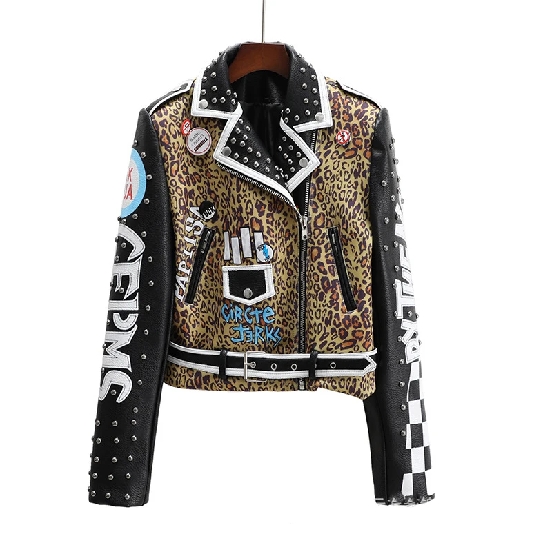 

Women's Motorcycle Leather Jacket PU Material Woman's Biker Coat Leopard Motorcycle Jacket Color Bump Punk Jacket Wear Resistant