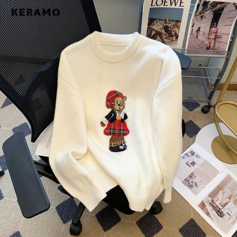 2023 Autumn Winter Casual Knitting Long Sleeve Red Pullovers For Women Vintage Loose Fit Cartoon Print Knitwear Sweater Top