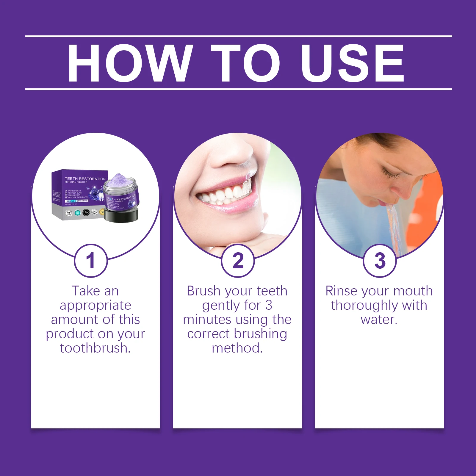 Mineralny proszek do renowacji zębów, fioletowy, naturalny proszek do zębów do wybielania, szybka usuwanie przebarwień, rozjaśnia, odświeża oddech.