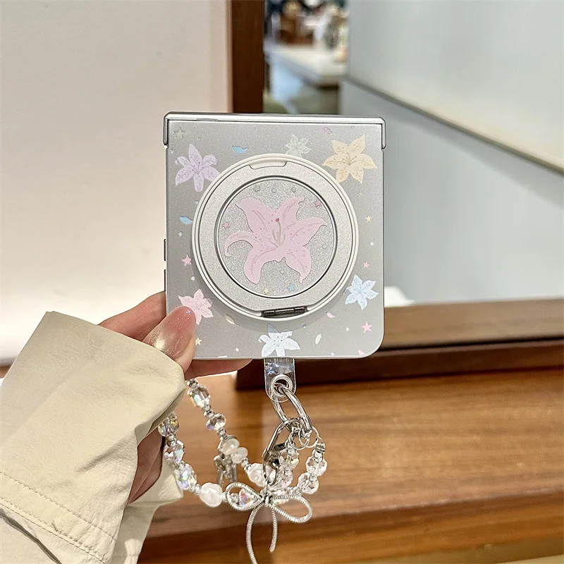 Pastel Lily Floral Magnetic Ring Stand Phone Case For Samsung Galaxy Z Flip 8 7 6 Full Hinge Cover Silver Shell With5 4 3 Silver