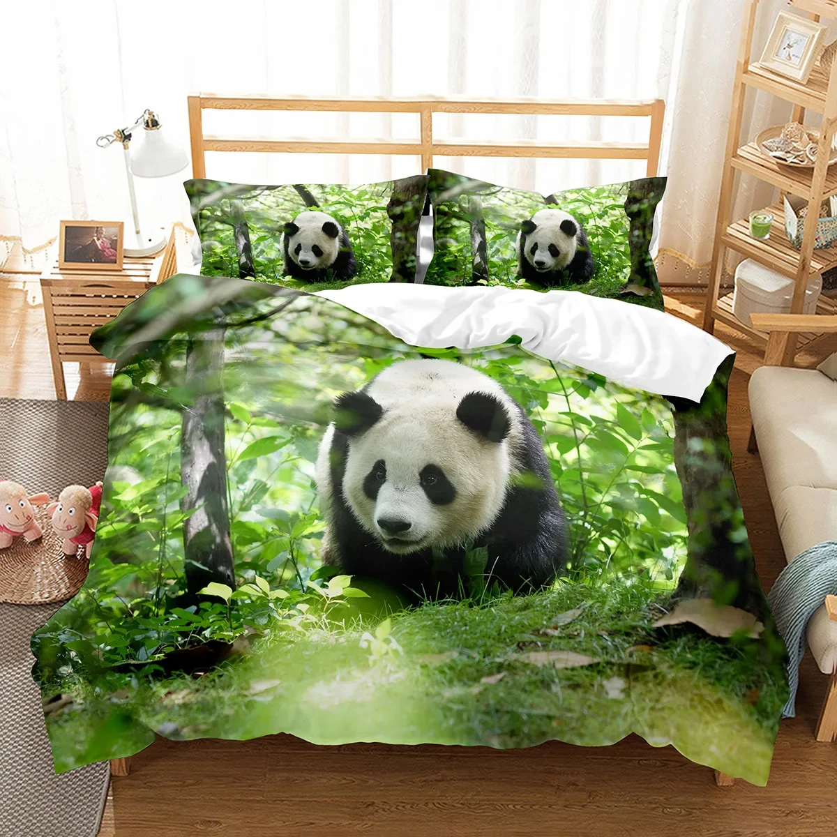 Kawaii Panda Duvet Cover Jungle Tree Green Leaves Bedding Set Rustic Farmhouse Comforter Cover Cute Black White Bear Quilt Cover