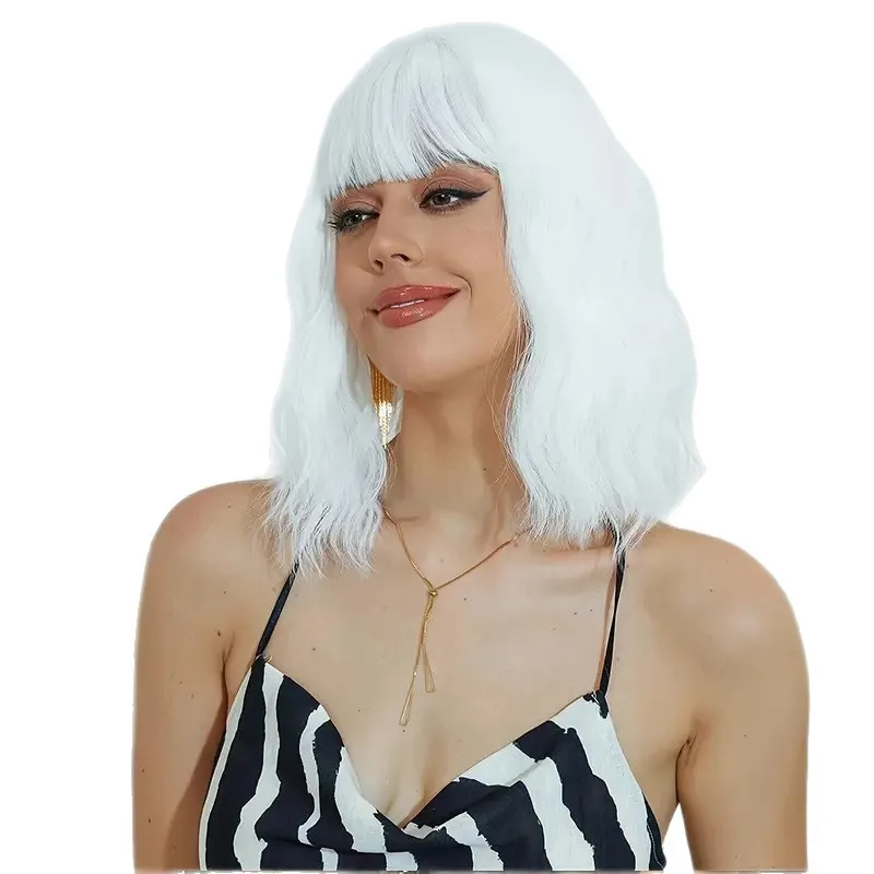 Silver White Short Roll Synthetic Wig Lolita Can Beveled Mid-split Fashionable Water Wave Curly Wig Women's Wig image 2