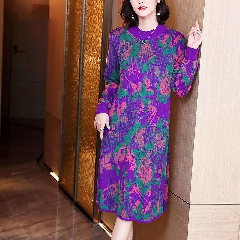 ZUO MAN RU 2022 Knitted Jumper Autumn And Winter Thickening Warm Women's Skinny Floral Print Mid-Length Bottoming Dress