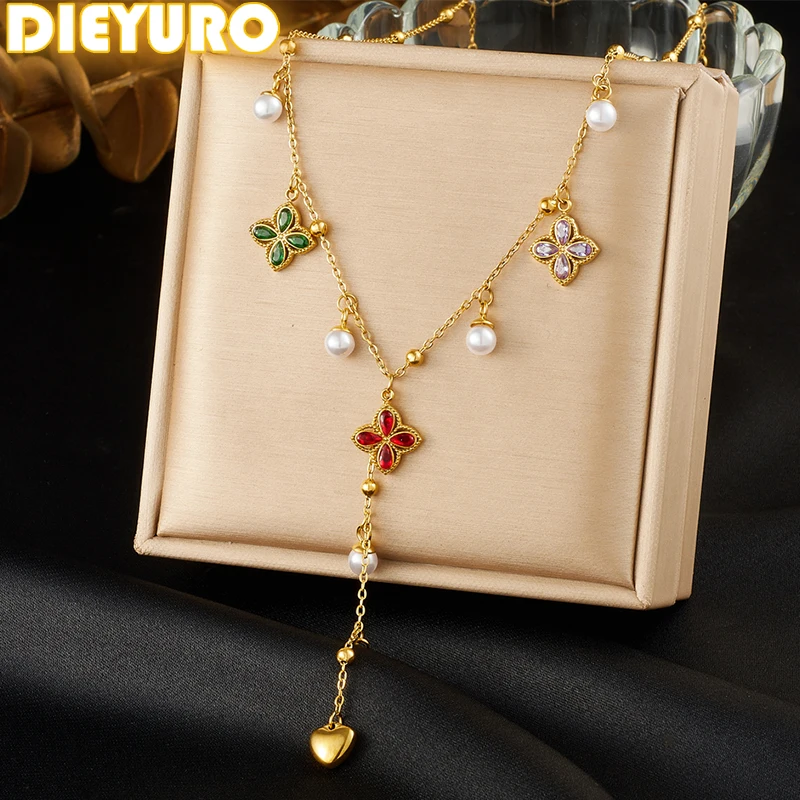 

DIEYURO 316L Stainless Steel Colored Zircon Flowers Pearl Heart Tassel Pendant Necklace Lady New Fashion Neck Chain Jewelry Gift