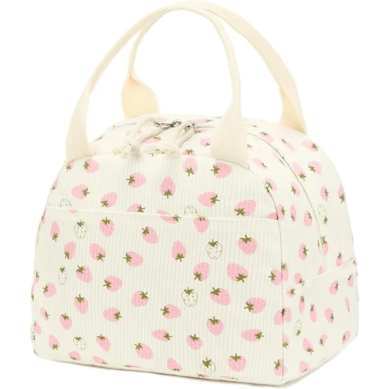 Sac à déjeuner en velours côtelé mignon pour femmes, sac isotherme réutilisable avec imprimé fraises, sac thermique portable pour pique-nique