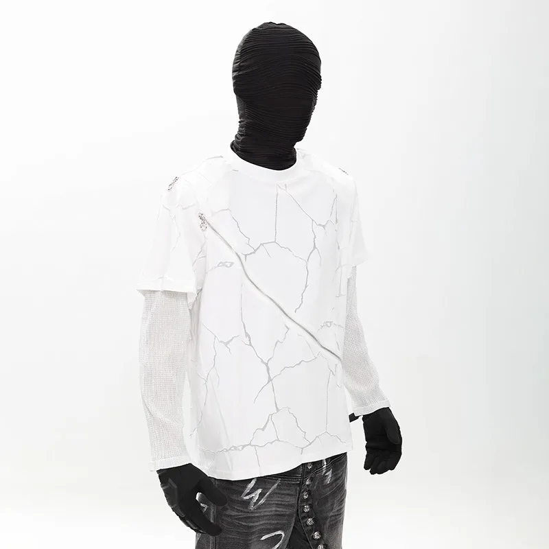 MWJLPWQ Deconstructed Design Texture Fake Two-Piece T-Shirt Men's Long Sleeve High-End Metal Zipper Pullover Casual Tops 11463