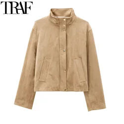 TRAF Women's Jackets Cropped Suede Jacket Women Autumn Long Sleeve Bomber Jackets Outerwears Fashion Button Casual Short Coats