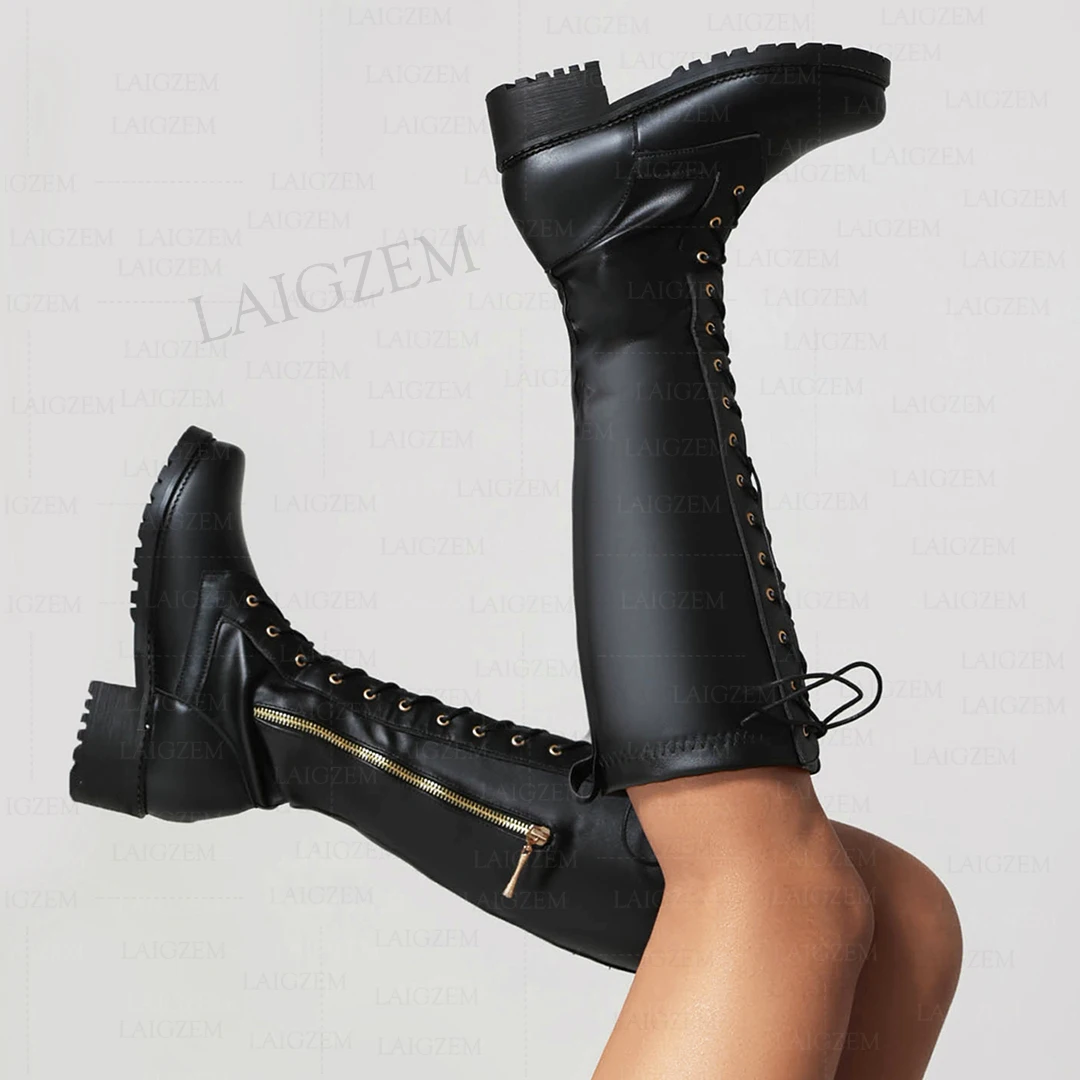 LAIGZEM Knee High Boots Round Toe Faux Leather Side Zip Low Square Heels Tall Boots Ladies Handmade Shoes Woman Size 41 44 48 50