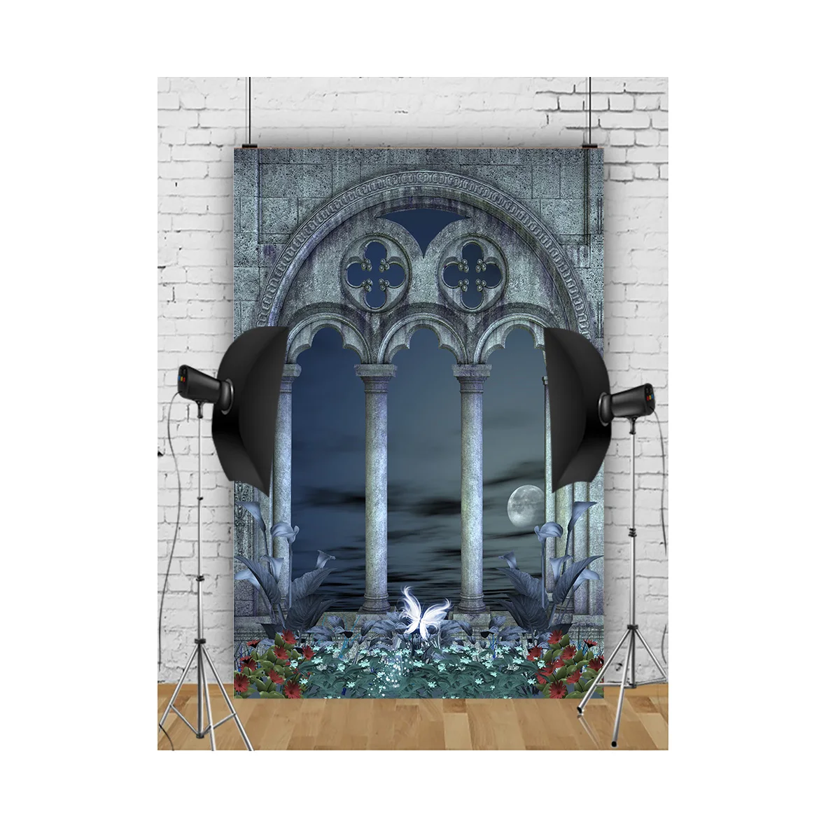 Castle Turret Ivy Cloud Wildflower Firefly Photography Background Enchanted Tree Rainbow Arch Brook Studio Backdrops AB-04