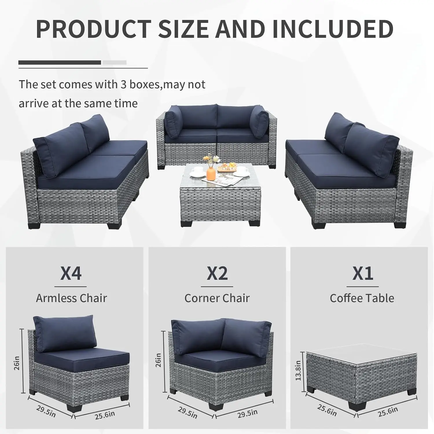 7 Piece Outdoor PE Wicker Furniture Set, Patio Gray Rattan Sectional Sofa Couch with Washable Dark Blue Cushions