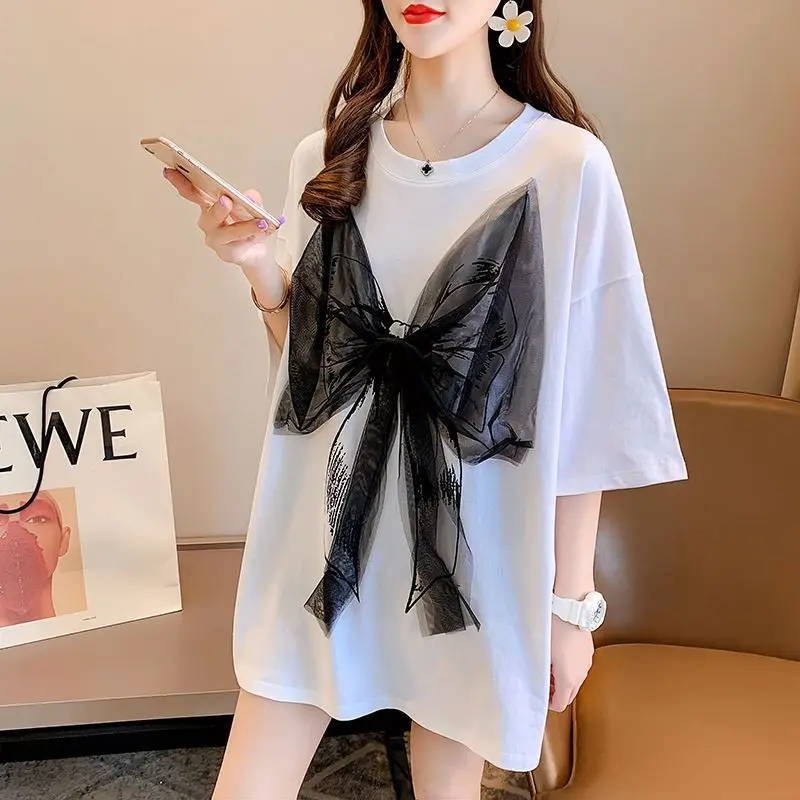 DAYIFUN Summer T-shirts Women's Lace Bow Splice Design Short Sleeved Tshirts Female Korean Loose Large Size Printed Top Tees
