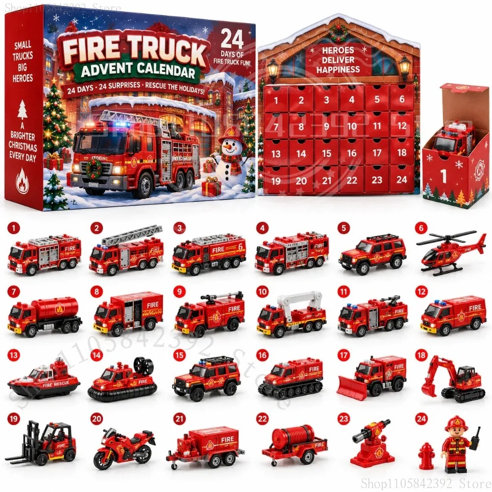 2027 Christmas Fire Engine Advent Calendar Vehicle Pattern 2D Acrylic Christmas Tree Hanging Ornament 24 Day Countdown Gift