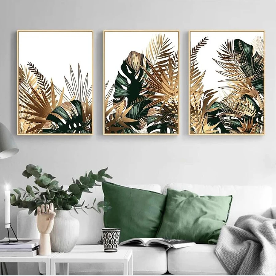 Tropical Golden And Emerald Leaves Mosaic Painting 3 Piece Diy Full Diamond Embroidery Triptych Kits Rhinestone Picture AA5047