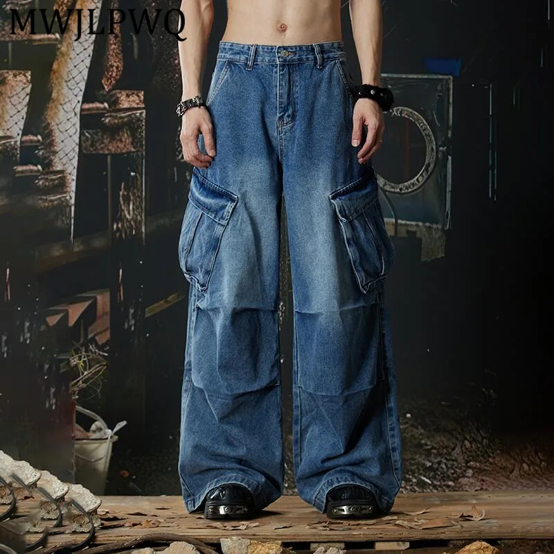 

MWJLPWQ Men's Washed Heavy-Duty Vintage Workwear Jeans Patch Pockets Double Knee Pleats Design New Loose-Fit Streetwear 14215