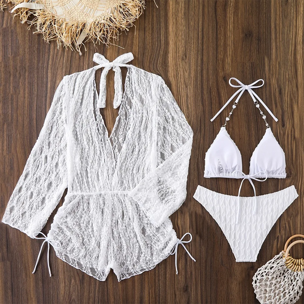 3Pcs/Set Fashion Summer Women Swimsuit Long-sleeve Mesh Cover Up Bikini Set Party Vacation Beachwear for Beach
