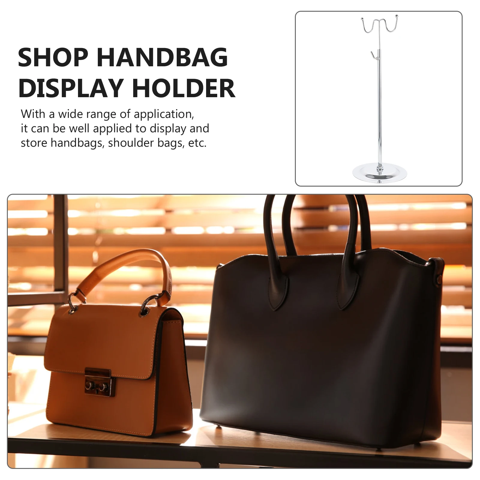 

Stainless Steel Handbag Display Rack Adjustable Height Dual-Hook Shop Use Bag Display Stand Retail Handbag Holder Tabletop
