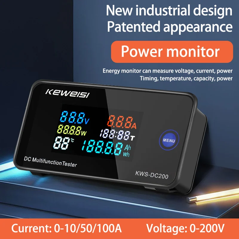 DC200 Digital Voltmeter KWS 50A/100A DC Power Monitor LED Color Display Voltmeter Ammeter Wattmeter Current Voltage Power Tester