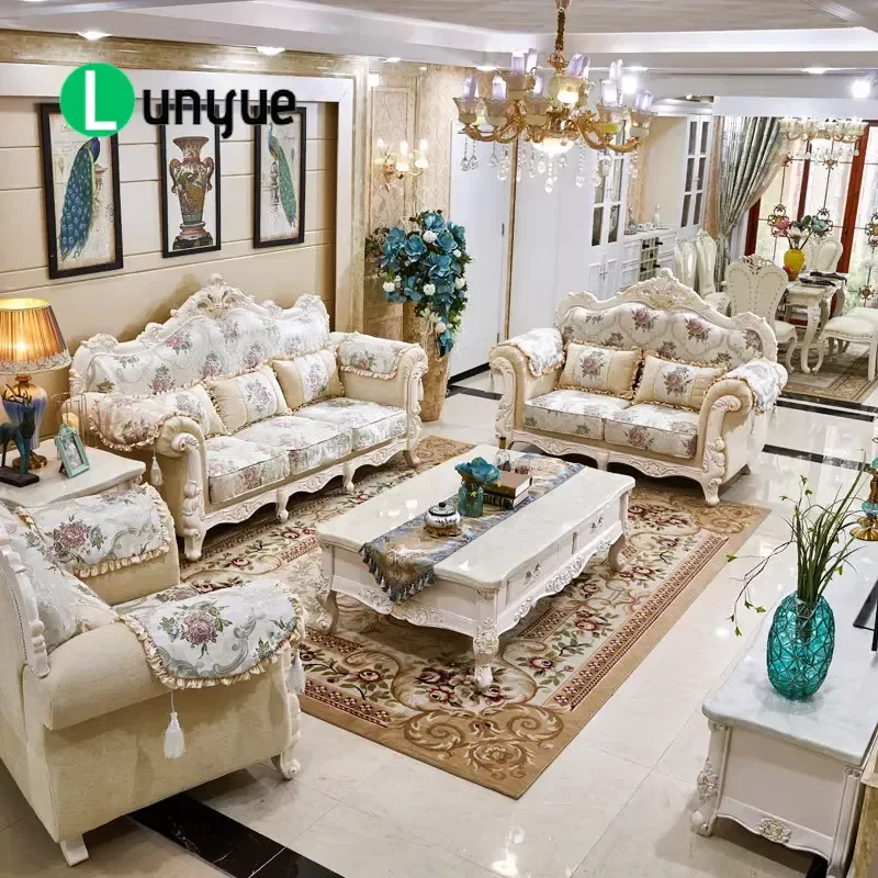 European Fabric Sofa Set 123 Combination All Solid Wood U Shaped Large Apartment Luxury Living Room Furniture