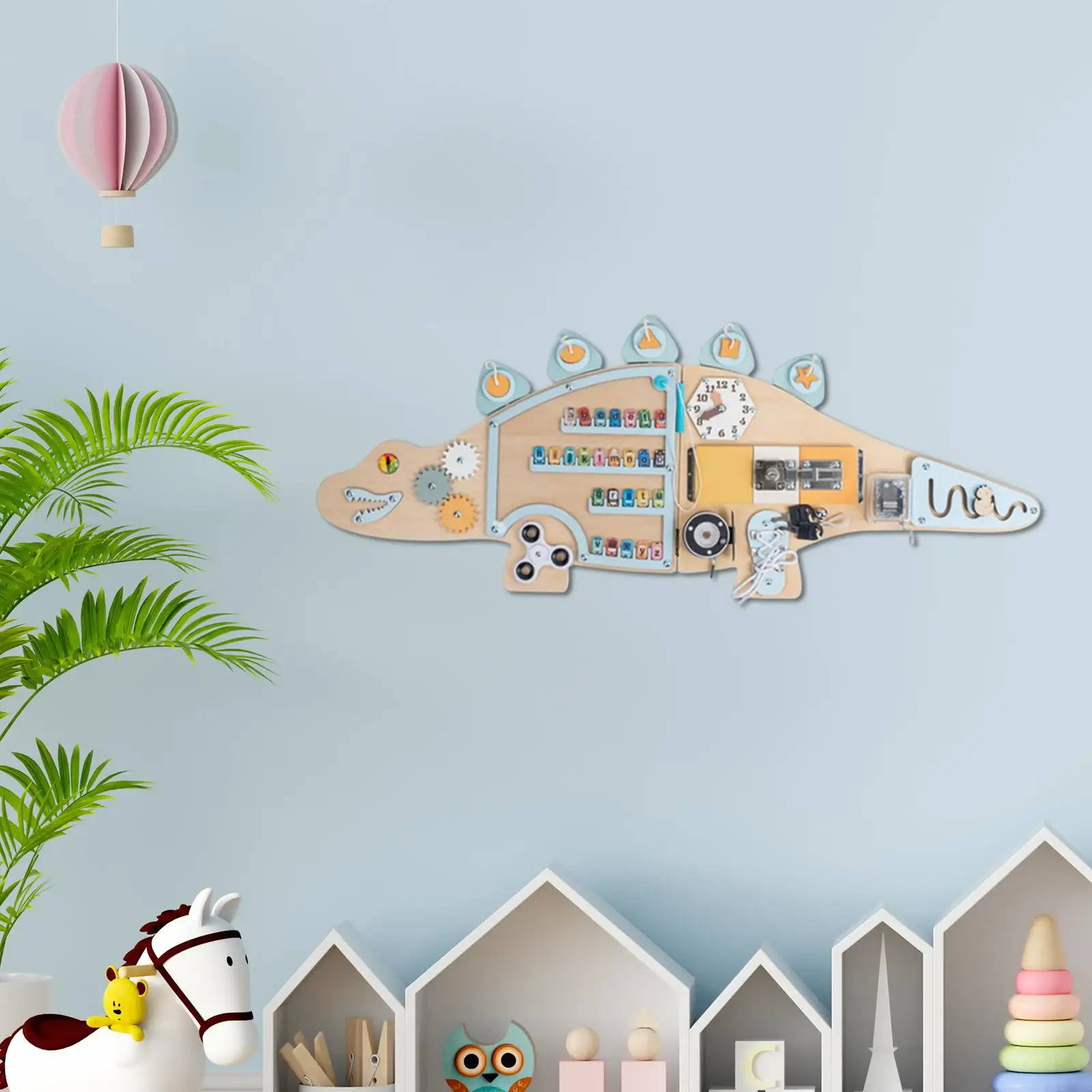 Giocattolo sensoriale di attività di dinosauro con tavola occupata in legno con equipaggiamento interattivo e forma per la coordinazione occhio-mano del bambino