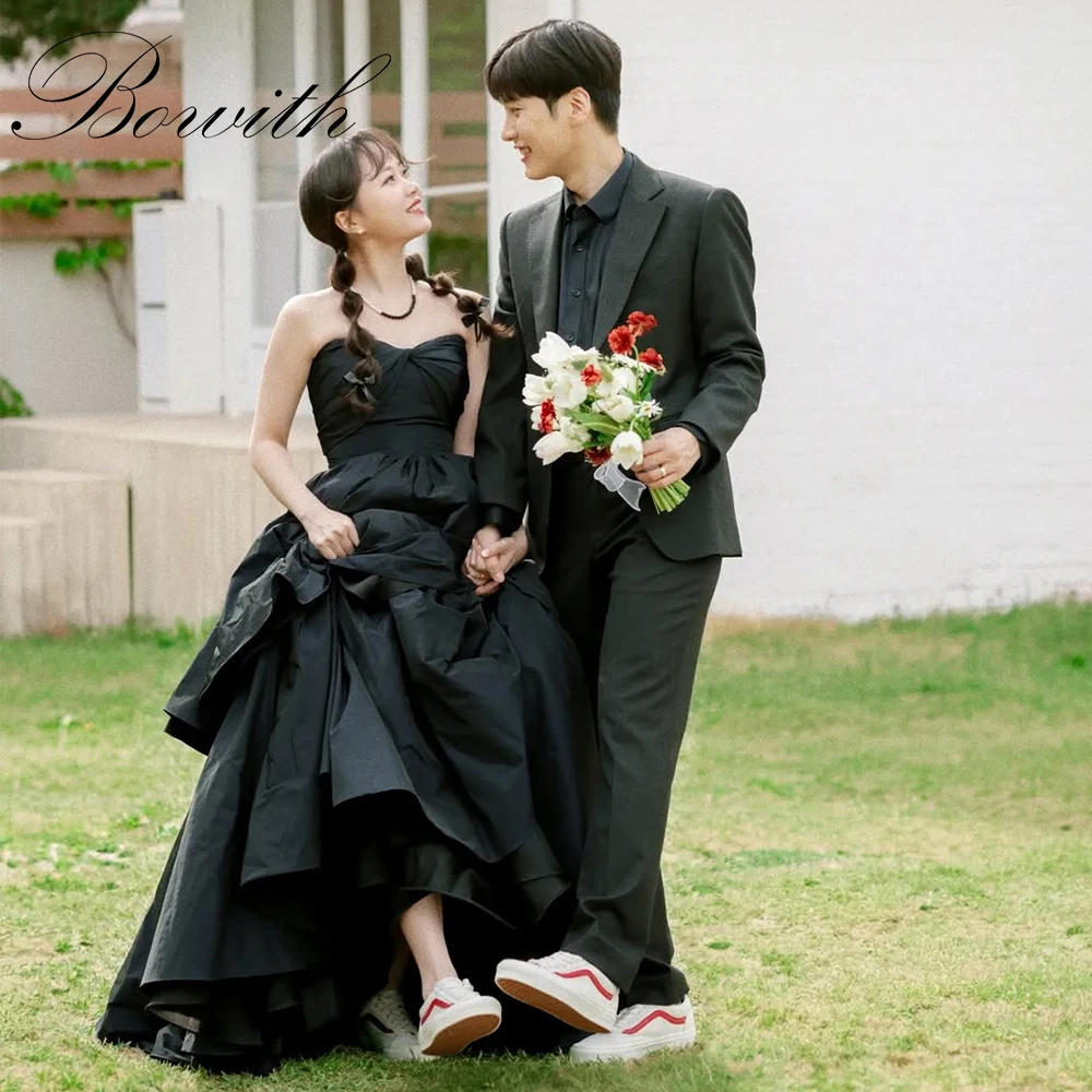 

Bowith Simple Black A Line Strapless Wedding Dress Customized Korea Photoshoot Satin Bridal Gown Evening Dresses
