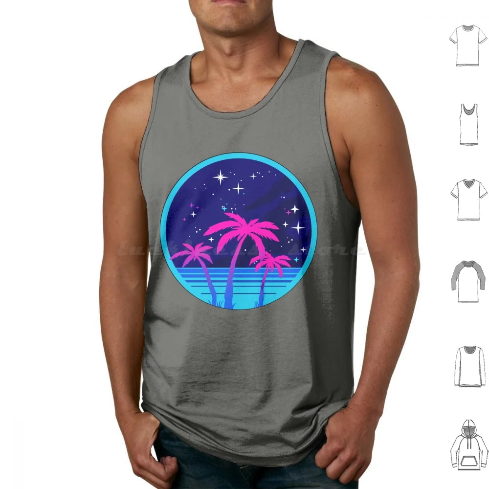 Synth Island Vaporwave Palms Tank Tops Print Cotton Edm Palm Trees Outrun Midnight Miami Florida Space Festival Circuit