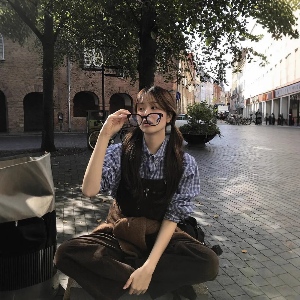 

Синий клетчатый хлопковый топ с вышивкой, женский топ с воротником на одной пуговице, корейский свободный крой, длинный све, осенняя мода