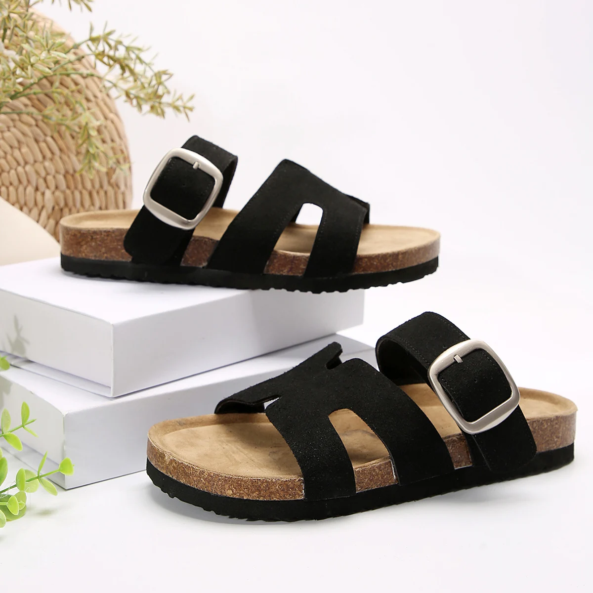 Sommermode Wildleder Hausschuhe mit Fußgewölbeunterstützung Outdoor klassische verstellbare Schnalle Strandrutsche Damen Kork Clogs Sandalen – Detail 6