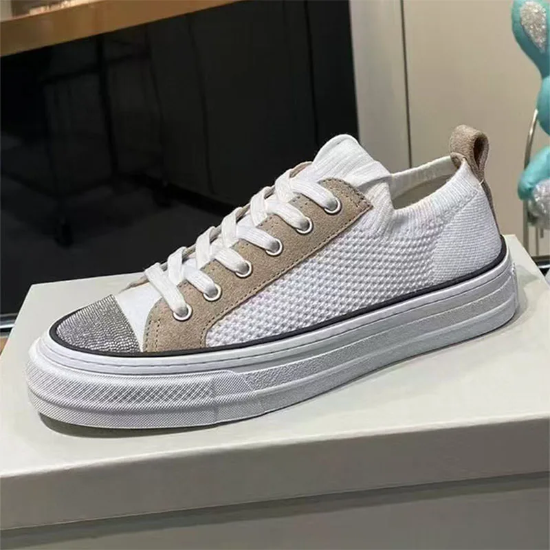 2024 New Flat Sneakers Women Cow Suede Outdoors Running Shoes Round Toe Lace Up Chain String Bead Comfort Sports Shoes Woman