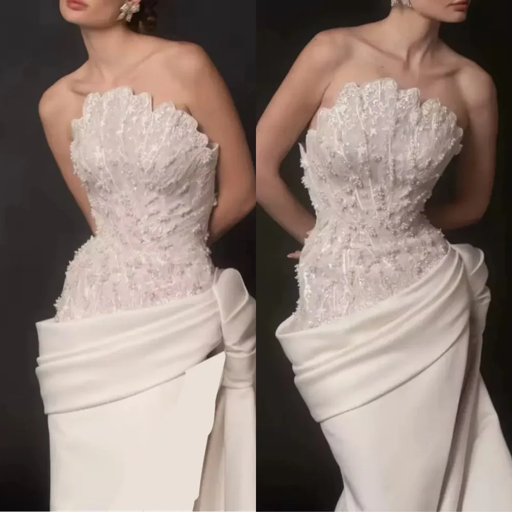 Customized Exquisite Strapless Sleeveless Evening Dress High Quality Satin Prom Dresses Temperament  Special Occasion Gowns