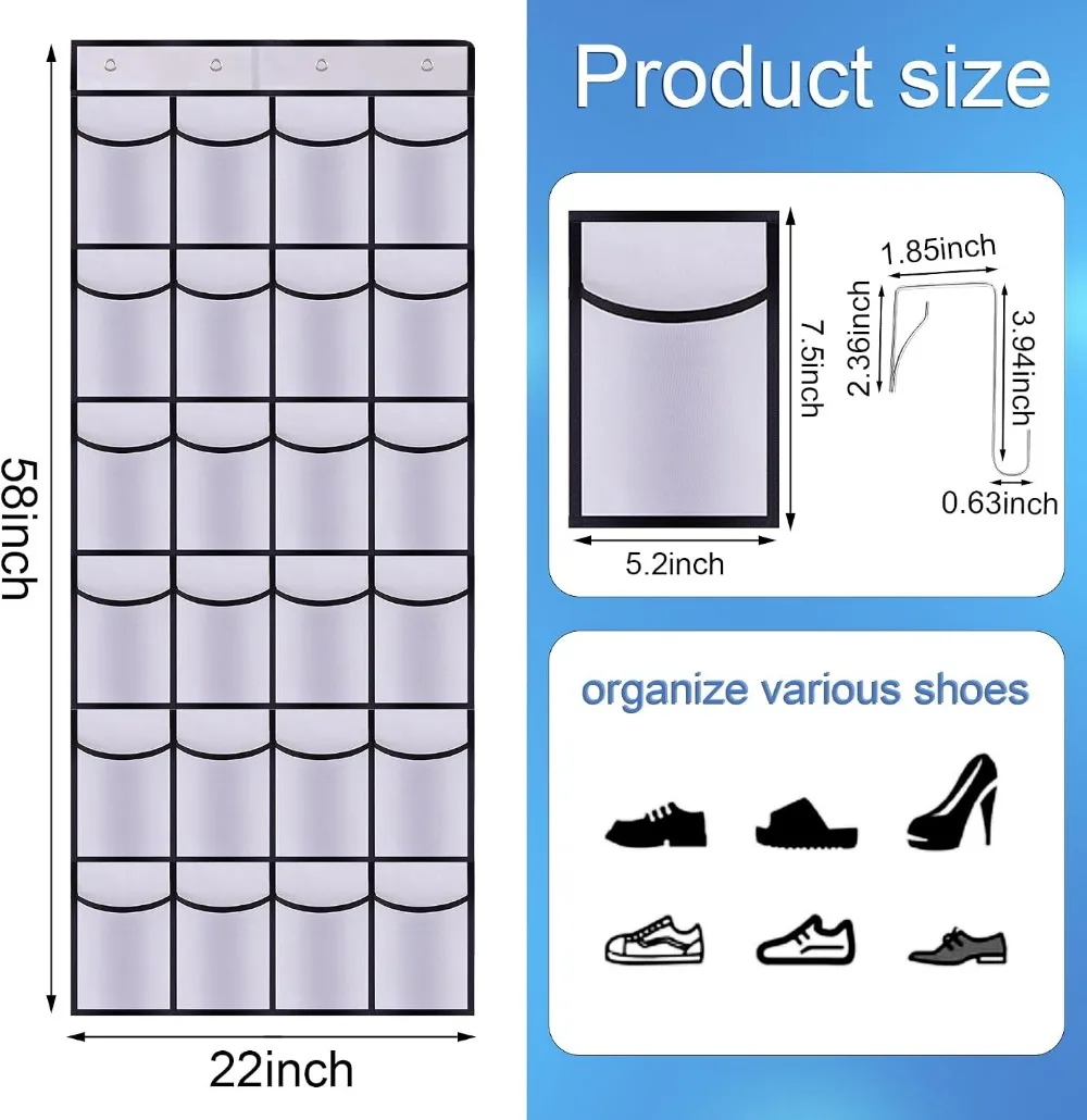 24-Pocket Over Door Shoe Organizer, Breathable Mesh Hanging Storage, White view 2