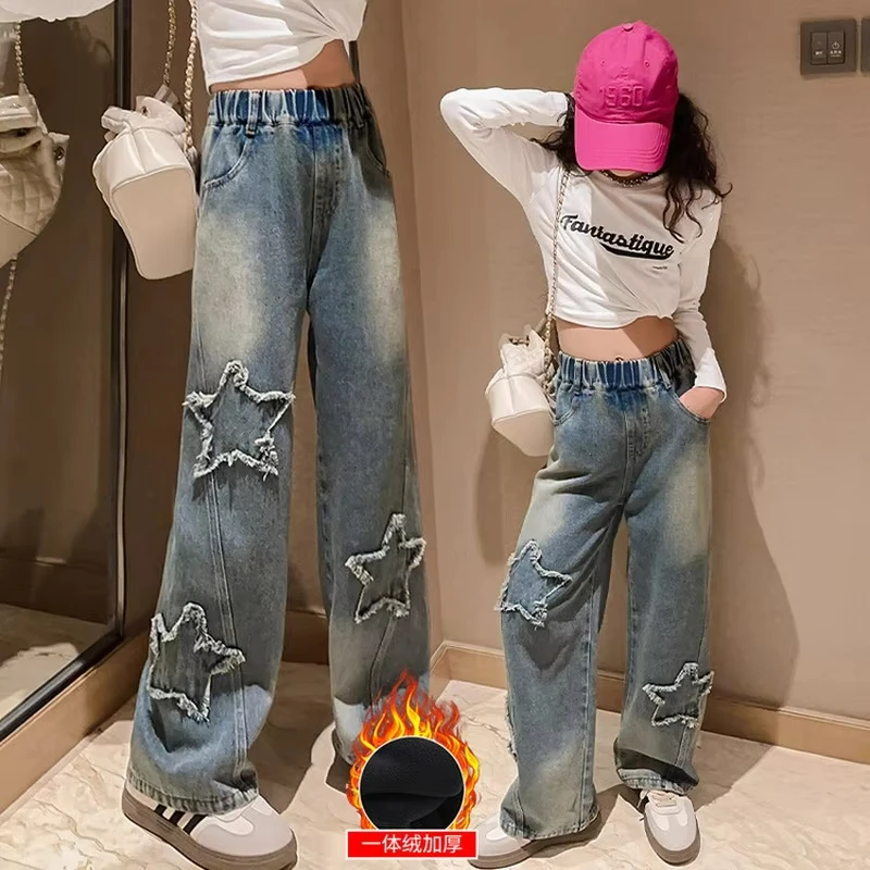 2025 Children Winter Thermal Wide Leg Jeans Pants For Lined Kids Warm Denim Trousers Girls With Star Straight Loose Thick Jeans