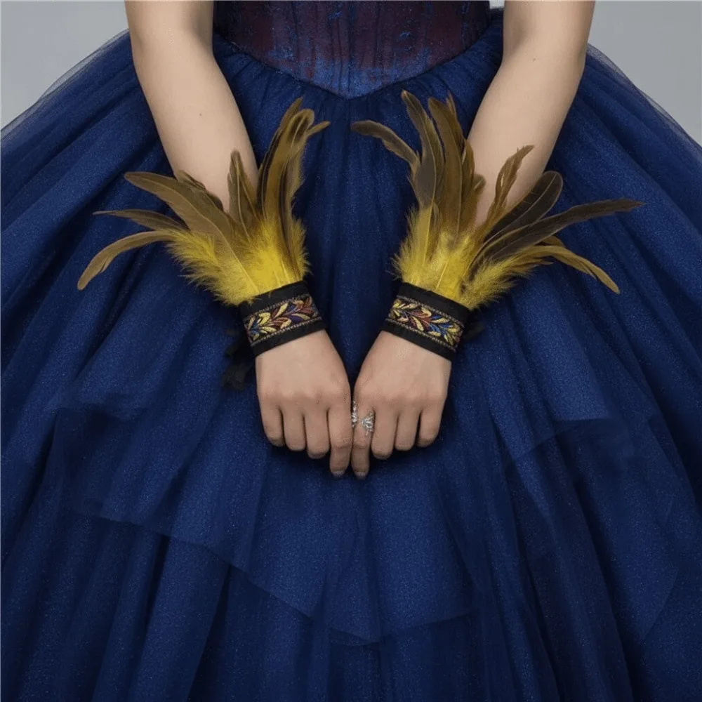 1 Piar Gothic Halloween Carnival Feather Wrist Cuff Embroidered Band Adjustable Straps Feather Bracelet Unisex Wrist Sleeves