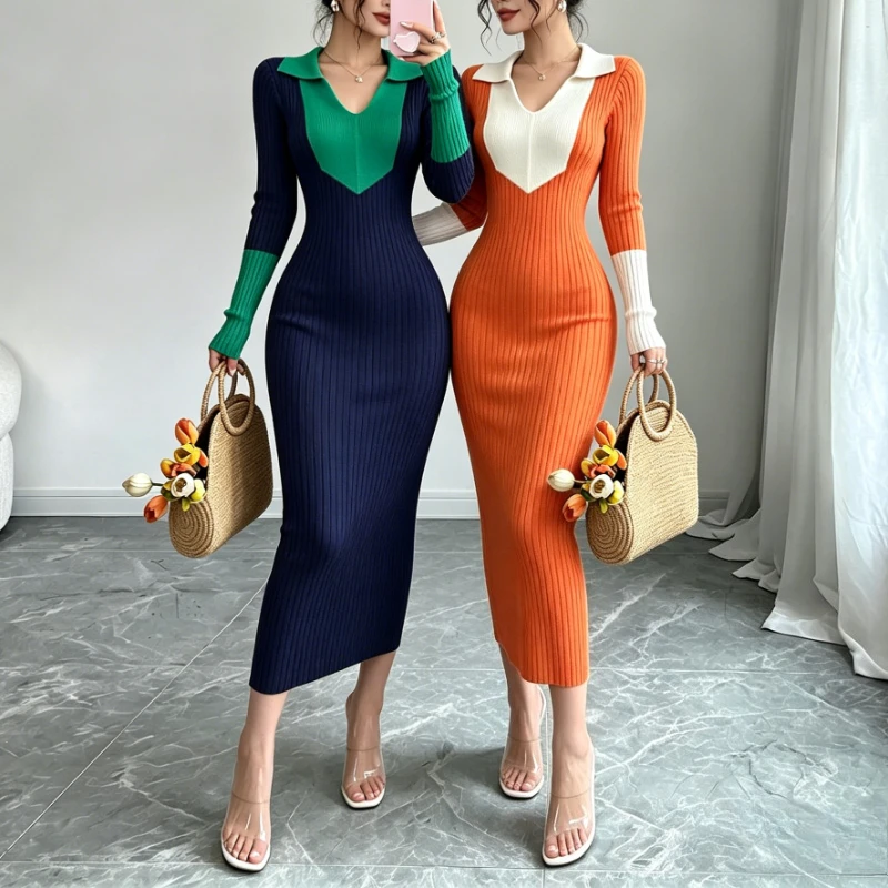 Damen Maxi-Kleid mit Block-Polokragen, elastischem Rippstrick, langen Ärmeln, figurbetontem Pullover-Look, schlankes, elegantes Party-Outfit – Detail 1
