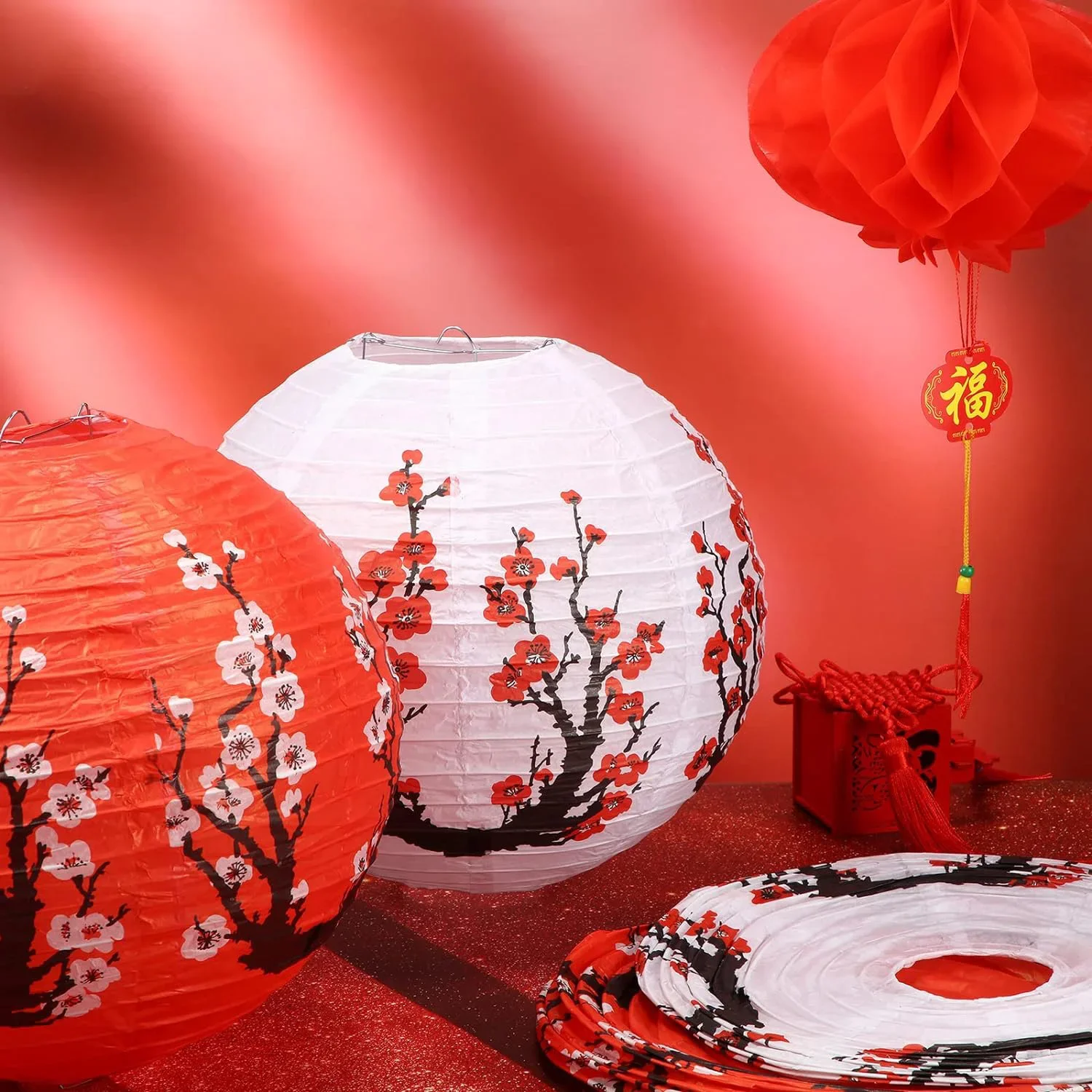 10 Cherry Flowers Paper Lanterns, 12 inch Blossom Lantern 5 Red + 5 White for Restaurant Home Wedding Party Decoration