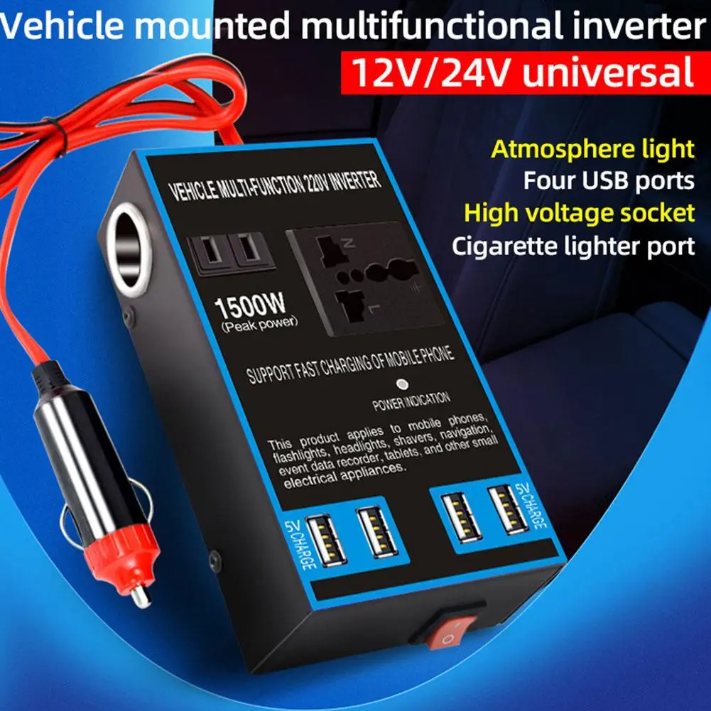 1500 واط عاكس الطاقة تيار مستمر 12 فولت 24 فولت إلى التيار المتناوب 110 فولت 220 فولت محول السيارة مع 4 USB شحن سريع ولاعة السيجار المقبس للمنزل السيارة