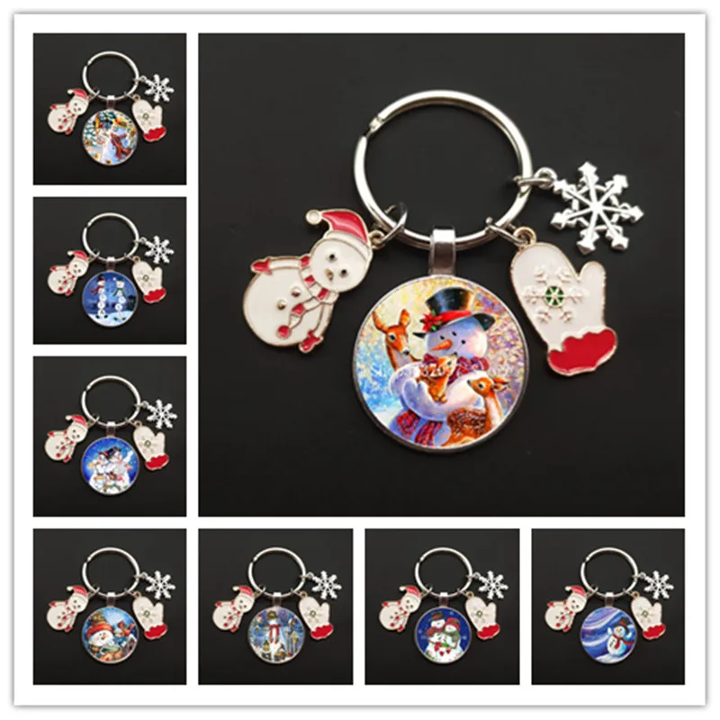 Fashion Christmas Snowman Glass Pendant Keychain Glove Snowflake Keychain Merry Christmas Keychain Christmas New Year Gift