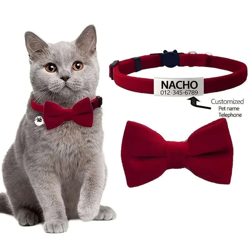 Anpassbares Katzen-Fliegehalsband aus Polyester, weich, verstellbar, mit Gravur, Ausweis, Namensschild, abnehmbare Schleifenglocke – Detail 6