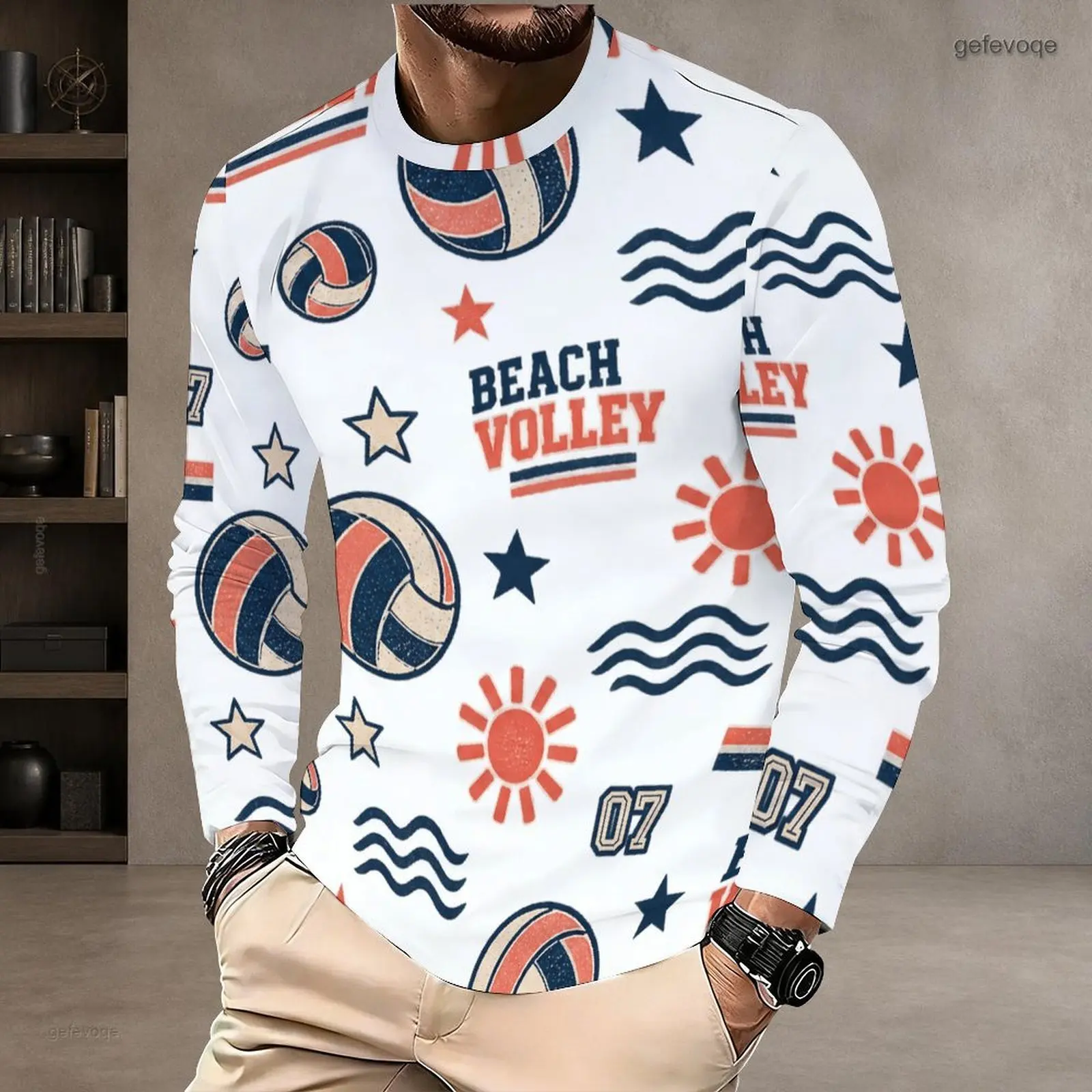Men White Printed Bowling Pin Ball Star Number Social Bowl Pattern Round Neck Long Sleeve T Shirt
