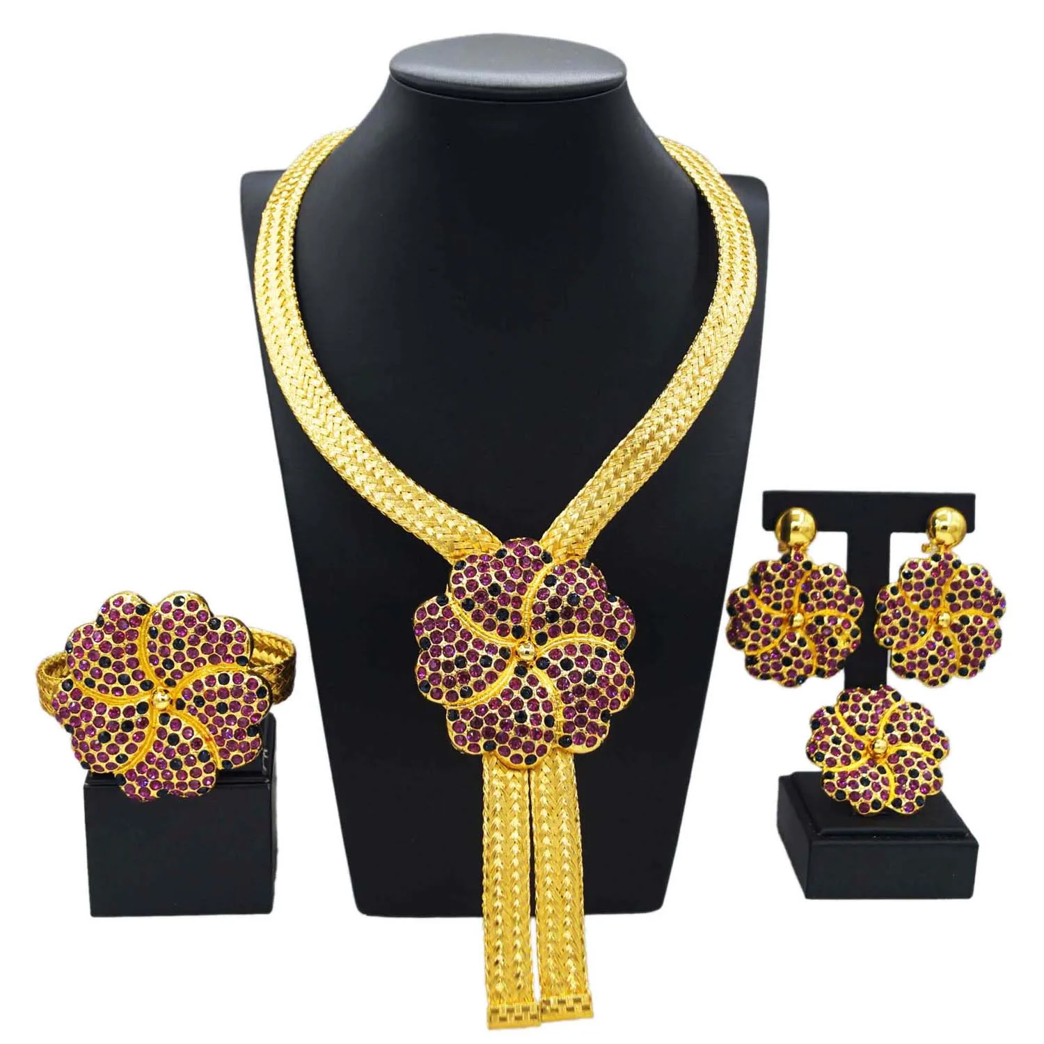 Yulaili Brazil Diamond Gold Plated Jewelry 4-piece Set Pink Flowers Sweet Romantic Brass Chain Factory direct wedding accessorie